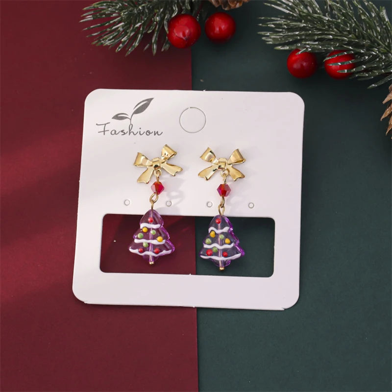 Light Luxury Colored Glass Christmas Tree Earrings For Women Unique Design Exquisite Bowknot Red Beads Earring New Year Jewelry