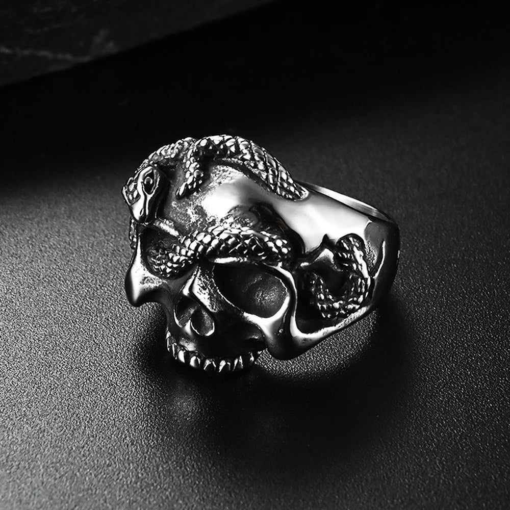 Gothic Vintage Stainless Steel Skull Snake Ring For Men Women Punk Hip Hop Unique Skull Rings Fashion Creative Jewelry Gifts