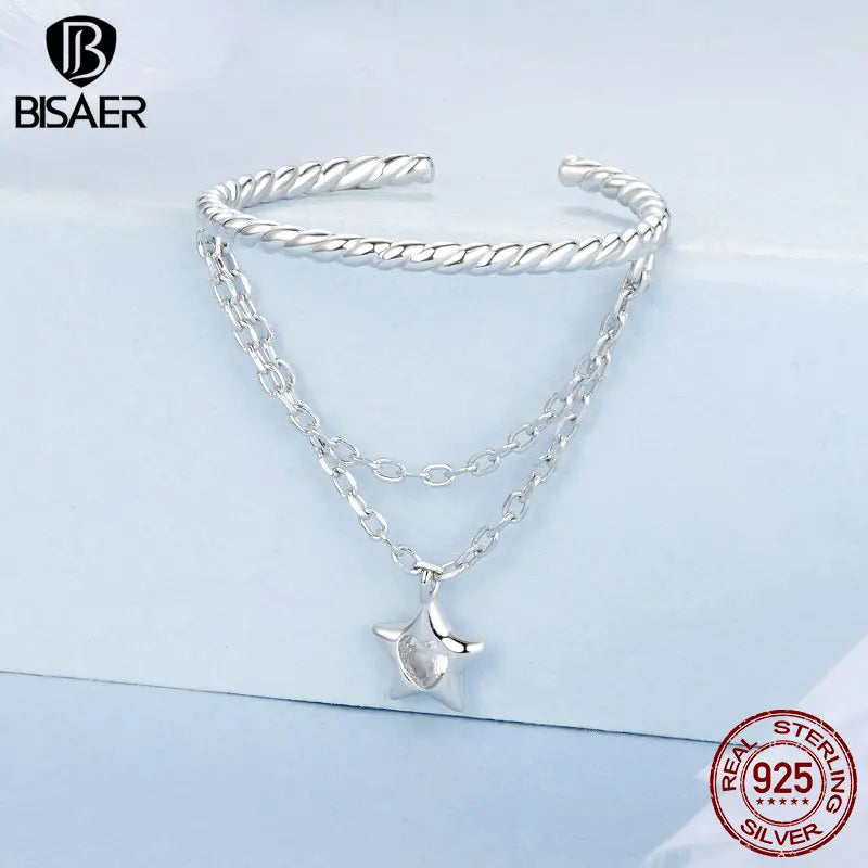 BISAER Bague ouverte en argent sterling 925 avec étoile dansante multicouche réglable plaquée or blanc pour femme