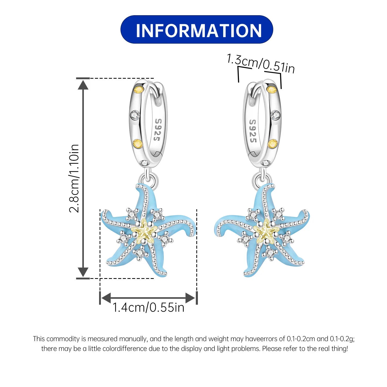 PANPOKI 925 Sterling Silver Blue Starfish Drop Earrings Women Earrings Charm Fashion Versatile Party Jewelry Gifts