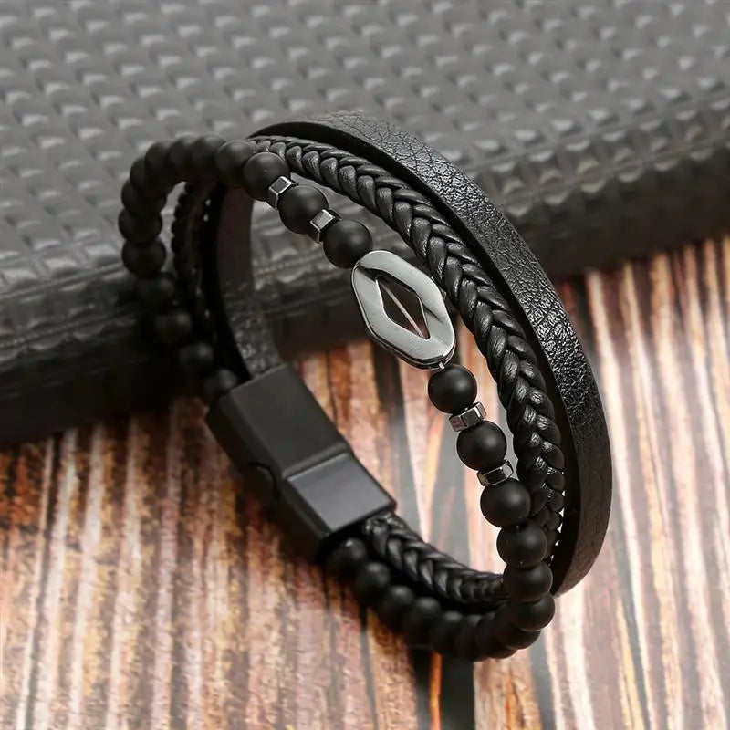 Jiayiqi New Design Punk Leather Bracelet Men Fashion Beaded Multi-Layer Leather Bracelet For Men New Year Jewelry Gift