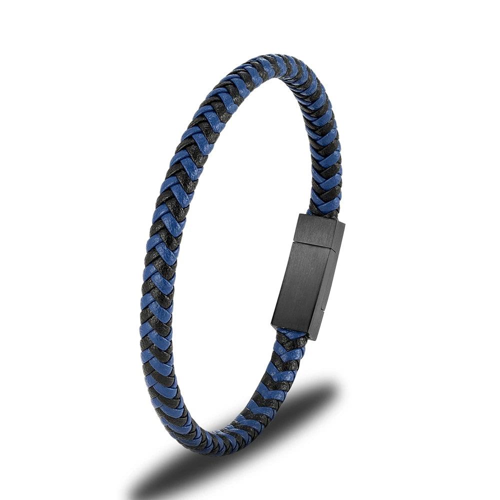 MKENDN Simple Style Men's Black Braided Genuine Leather Bracelet Classic Stainless Steel Handmade Bangles For Men Friend Gift