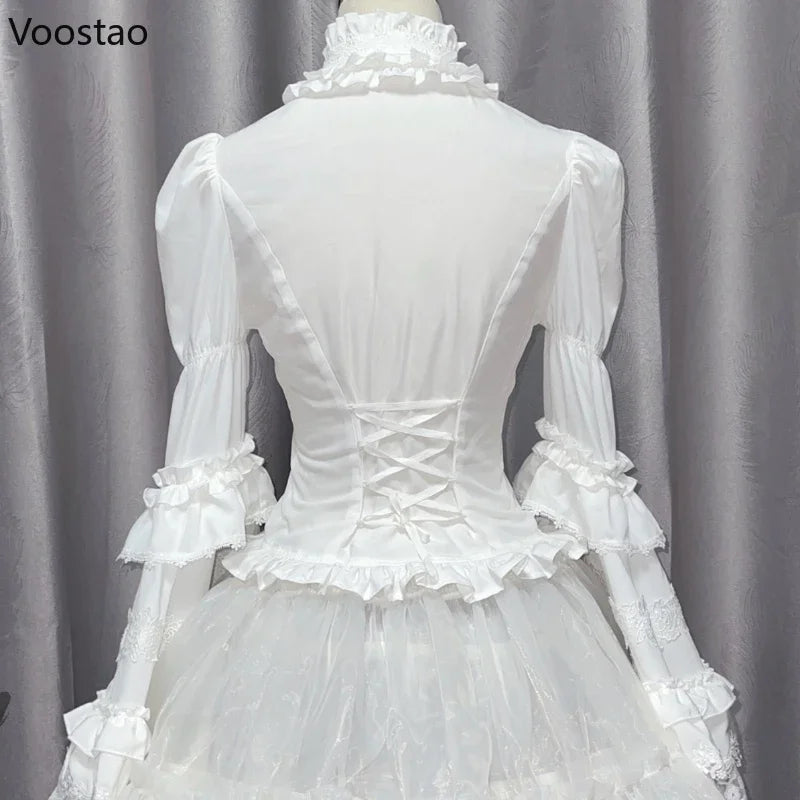 Victorian Gothic Lolita Style Shirts Women Vintage Elegant Lace Ruffles Flare Long Sleeve Slim Blouse Japanese Sweet Y2k Tops
