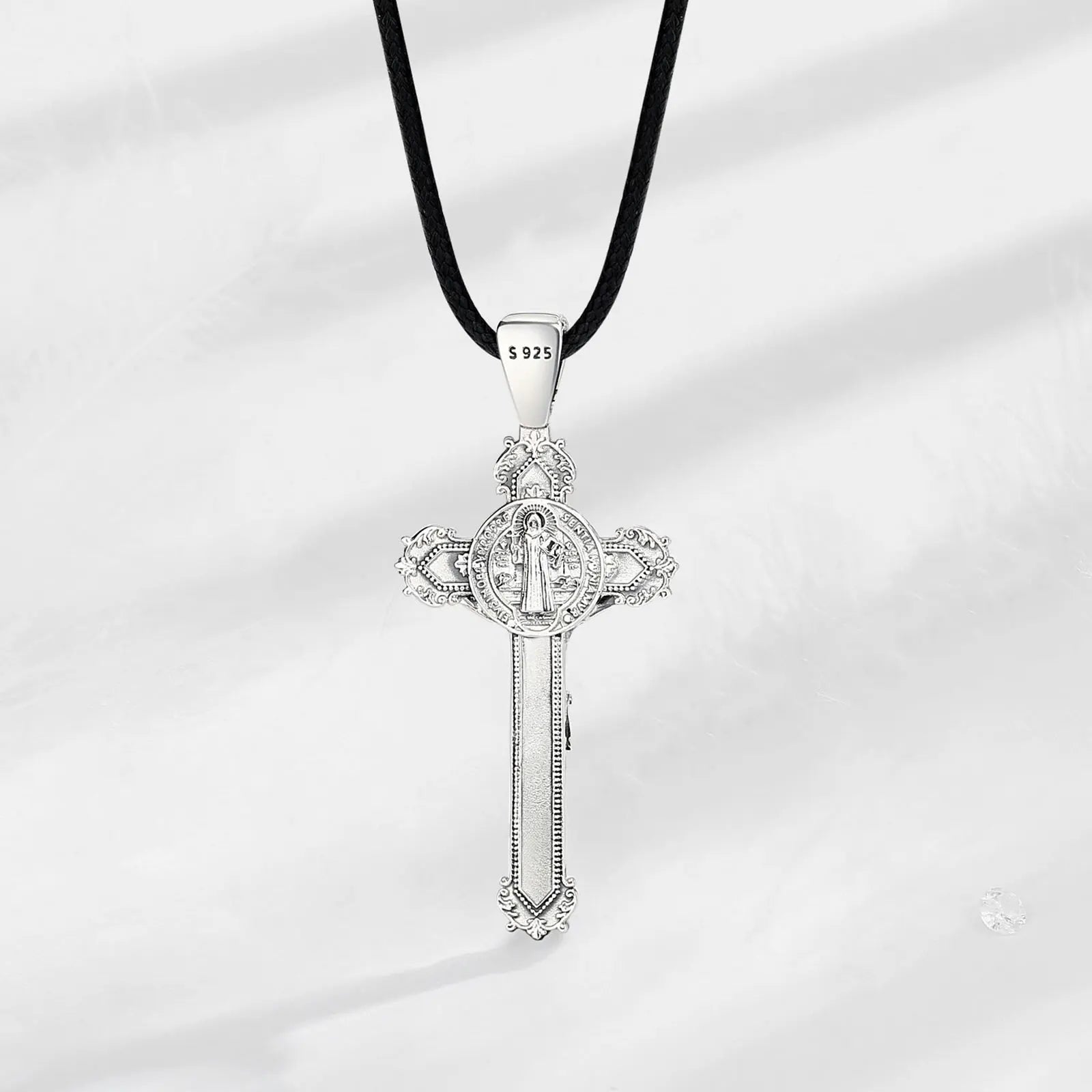 Eudora 925 Sterling Silver Saint Benedict Rings & Necklace San Benedict Crucifix Cross Jewelry Set Religious Gift for Man Women