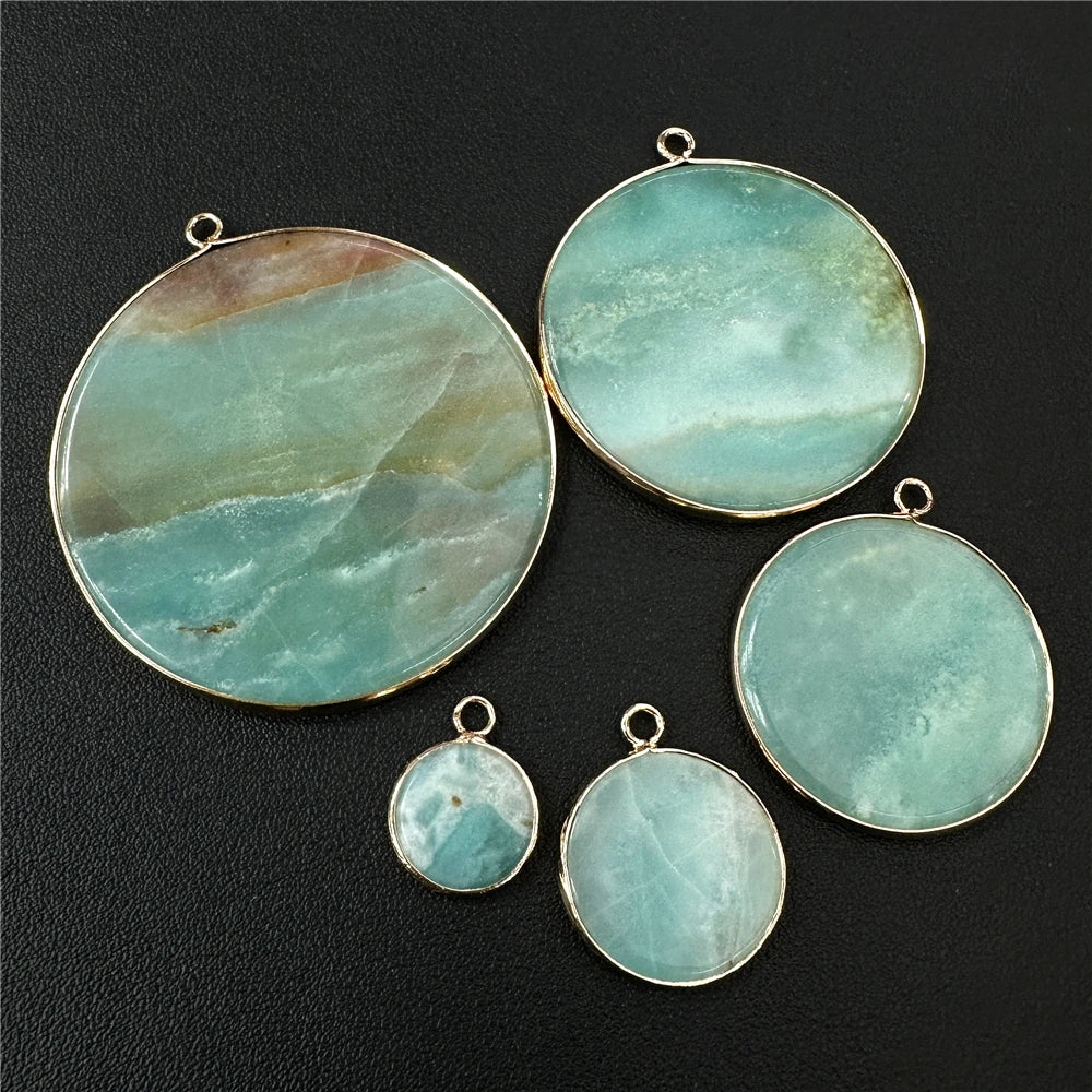 2PCS Round Slice Gems Stone Pendant Natural Amazonite Obsidian Quartzs Charm Fit Jewelry Making DIY Earrings Necklace Bracelet