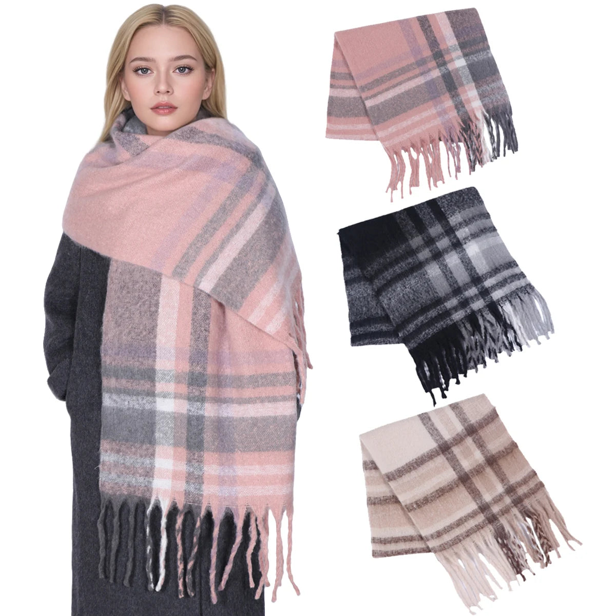 Winter Thick Stripe Cashmere Scarf for Woman Men Fashion Pashmina Large Tassel Shawls Wraps Soft Bufanda Warm Muffler Scarves
