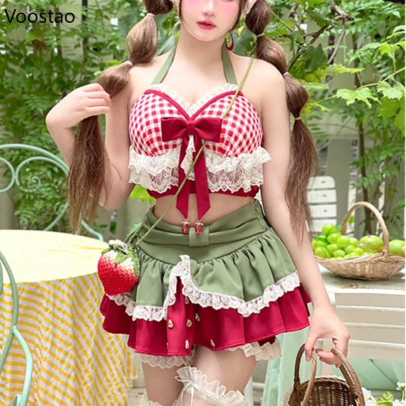 Sweet Lolita Style 2 Piece Set Women Kawaii Bow Lace Halter Neck Crop Tops Mini Cake Skirts Suit Female Korean Y2k Beach Outfits