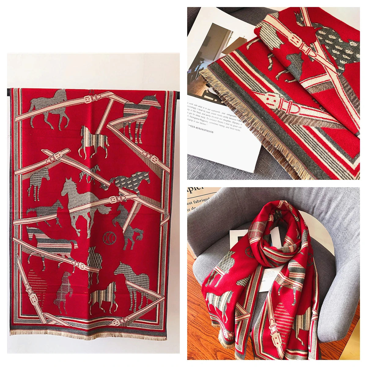Women's Autumn Winter Horse Pattern Scarf New Luxury Cashmere Feeling Large Blanket Wrap Soft Warm Brand Shawl Retro & Classical - Madeinsea©
