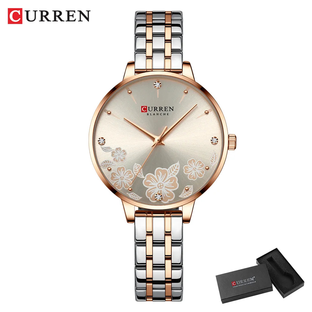 CURREN Fashion Quartz Wristwatches for Women Simple Stainless Steel Watch Bracelet with Flower Design Dial