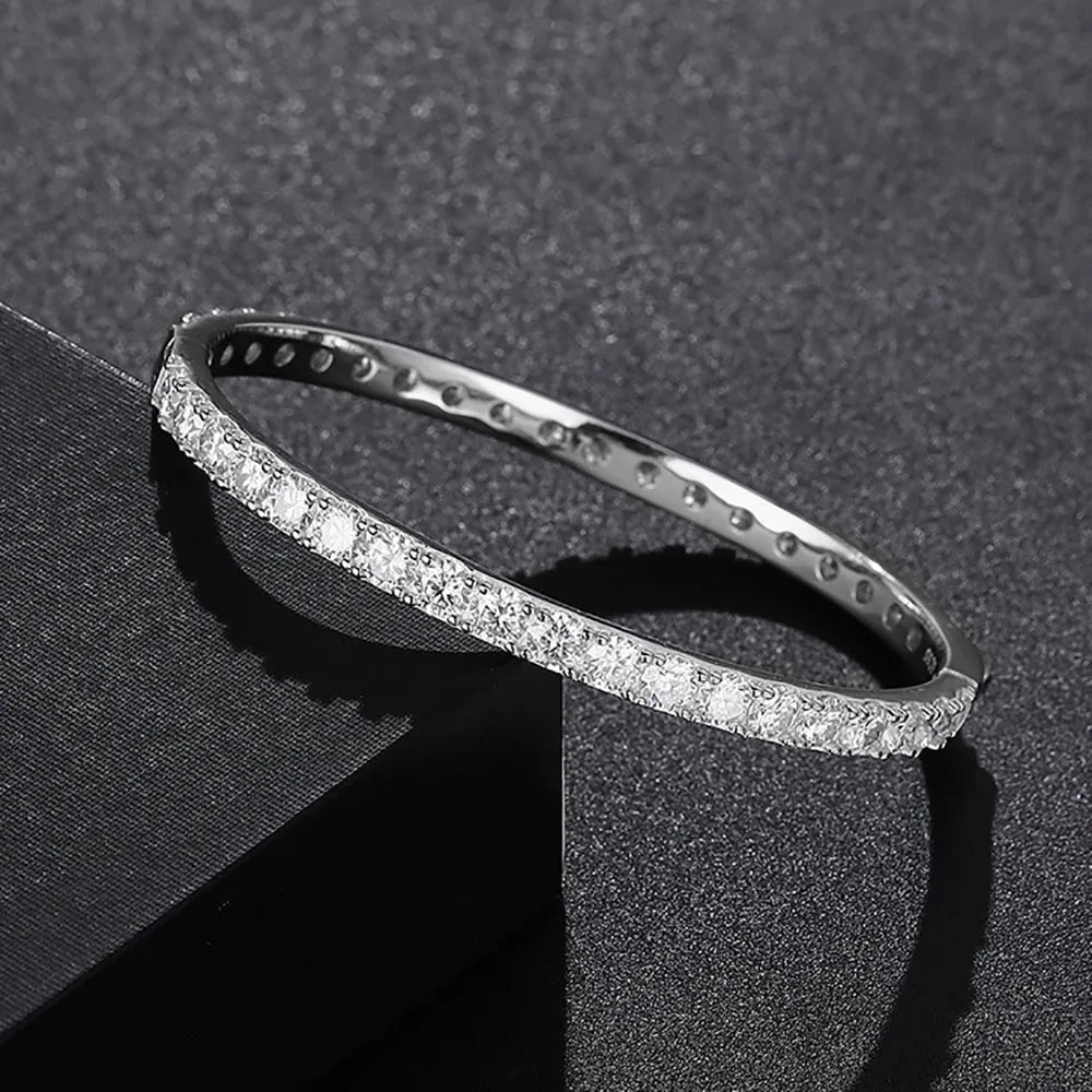 Serenity 4mm D Color Moissanite Bangle For Women S925 Sterling Silver Sparkling Hand Bracelet Plated 18K White Gold Fine Jewelry