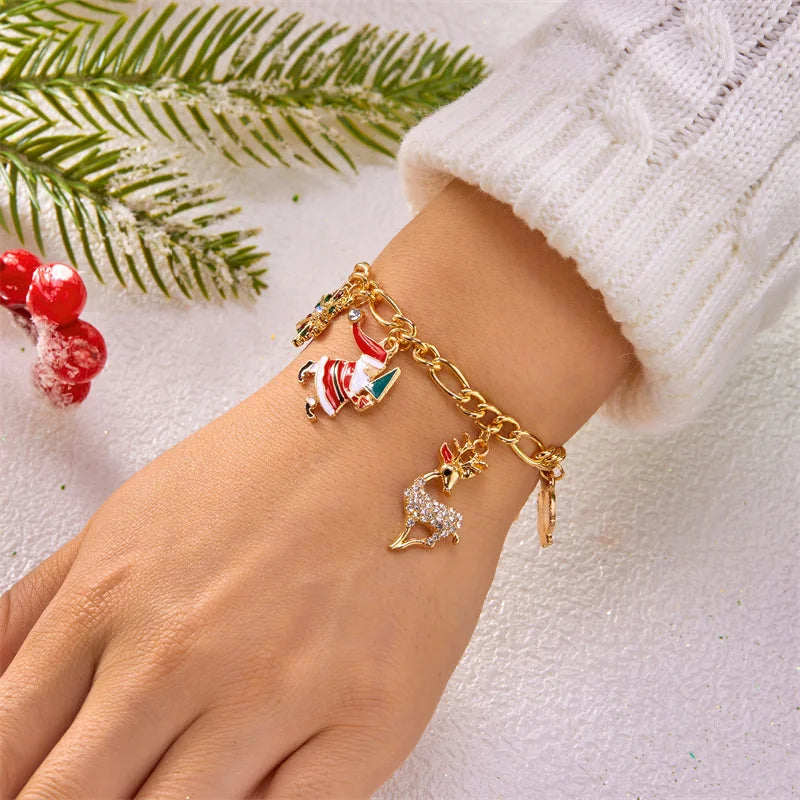 Creative Christmas Series Bracelet For Women Men Santa Claus Snowflake Zircon Elk Xmas Tree Metal Chain Bangles New Year Jewelry