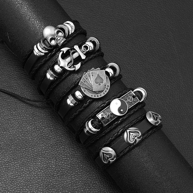 Fashion Black Skull Multi-layer Beaded Hand Leather Bracelet for Men Set Adjustable DIY Leather Winding Hand Rope