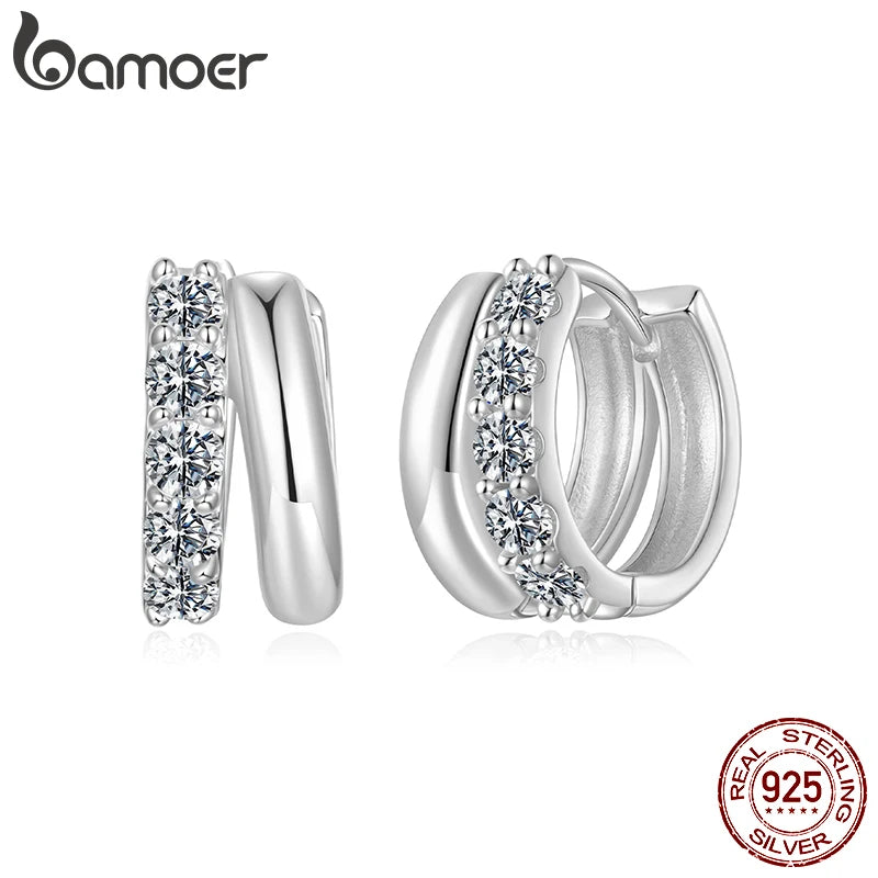 BAMOER 0.3CT Double-layer Moissanite Huggies Earring, 925 Sterling Silver Sparking Hoop Earring for Women Hypoallergenic Jewelry
