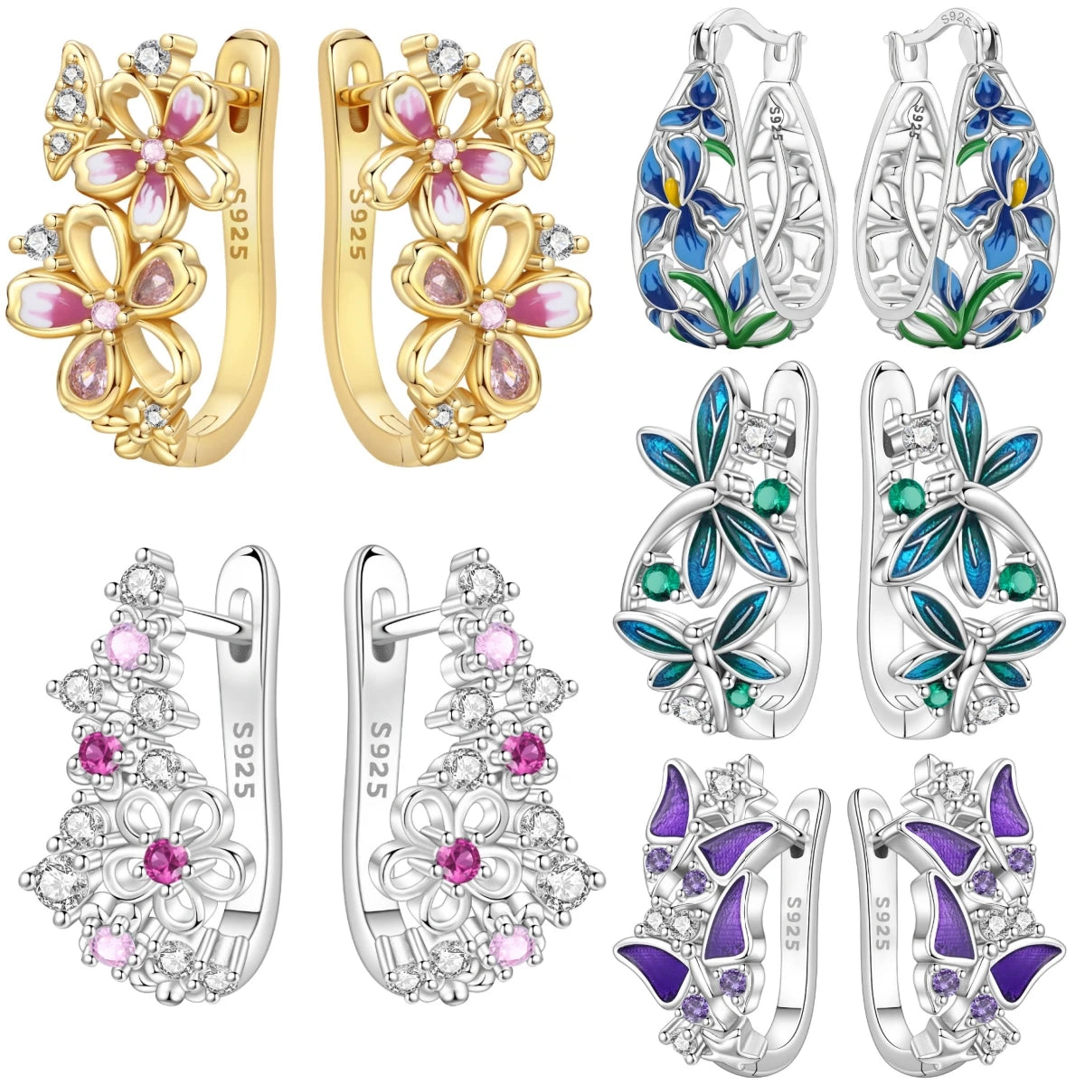 PANPOKI S925 Sterling Silver Golden Cherry Blossom Butterfly Earrings Hoop Earrings For Women Jewelry Original Party Gifts