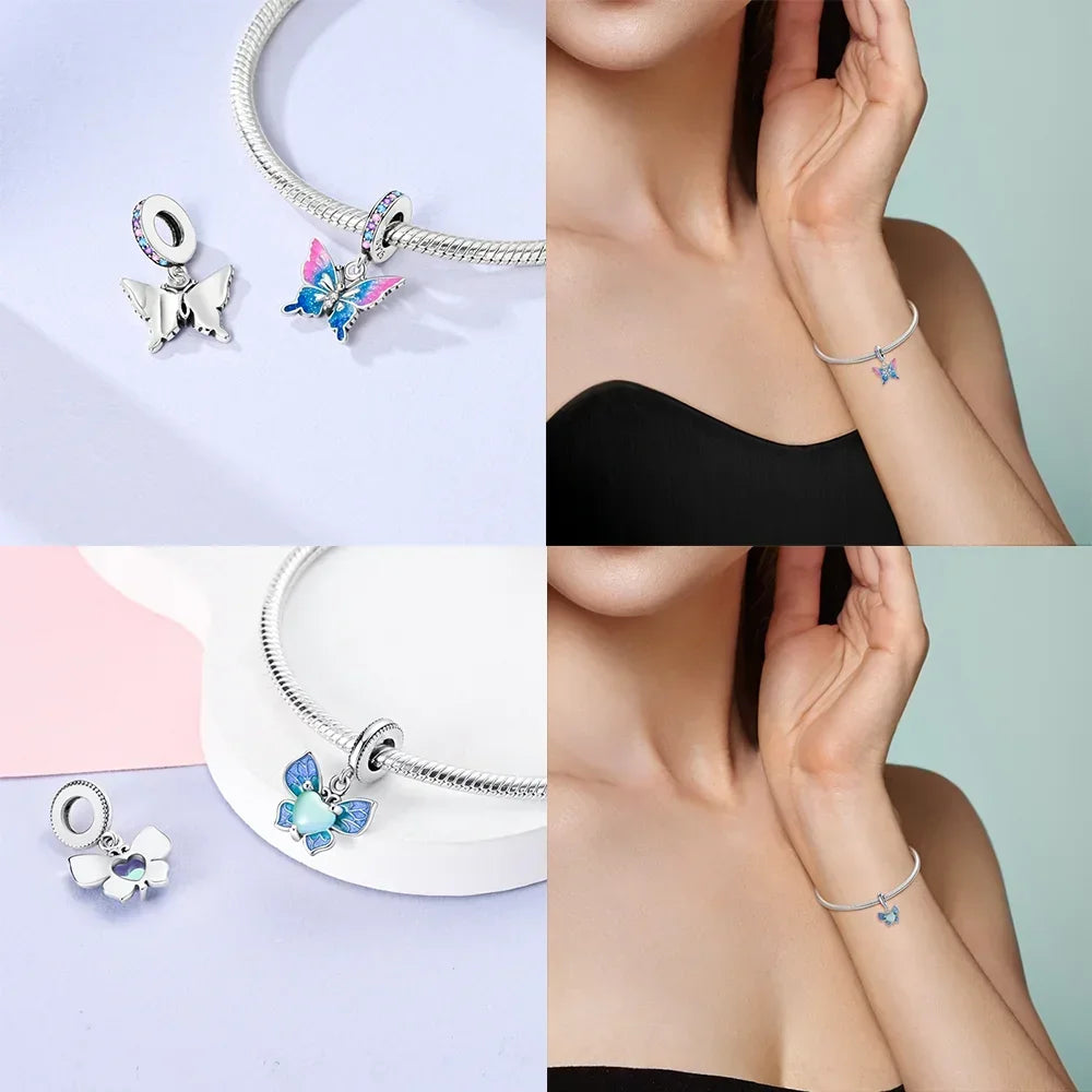 925 Sterling Silver Blue Series Butterfly Beads Pendant Fit Bangle Charms Bracelet DIY Women Original Jewelry
