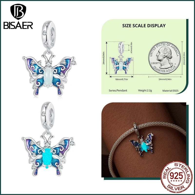 BISAER 925 Sterling Forever Luminous Star Wishing Bottle Charm Bead Moon Cat Owl Pendant Fit Women DIY Bracelet Fine Jewelry