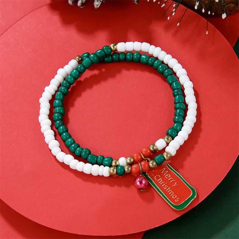 Handmade Rice Beads Christmas Bracelet for Women Santa Claus Snowman Xmas Tree Elk Pendant Bracelets New Year Party Jewelry Gift