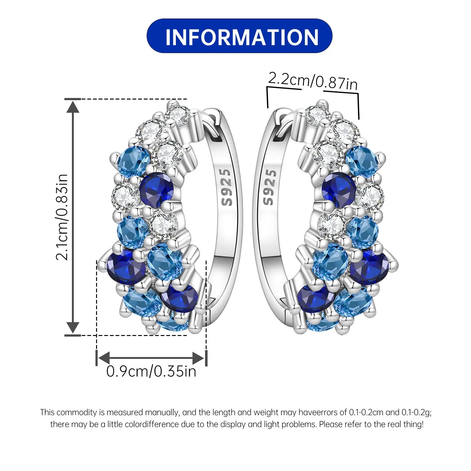 PANPOKI S925 Sterling Silver Blue Gradient Zircon Earrings Versatile Hoop Earrings For Women Jewelry Original Party Gifts