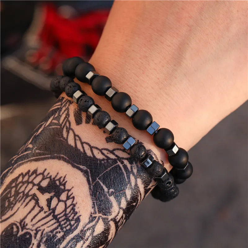 6mm8mm Black Frosted Lava Volcanic Stone Wearing Black Gallstone Bead Elastic Bracelet suit Bracelet for Men