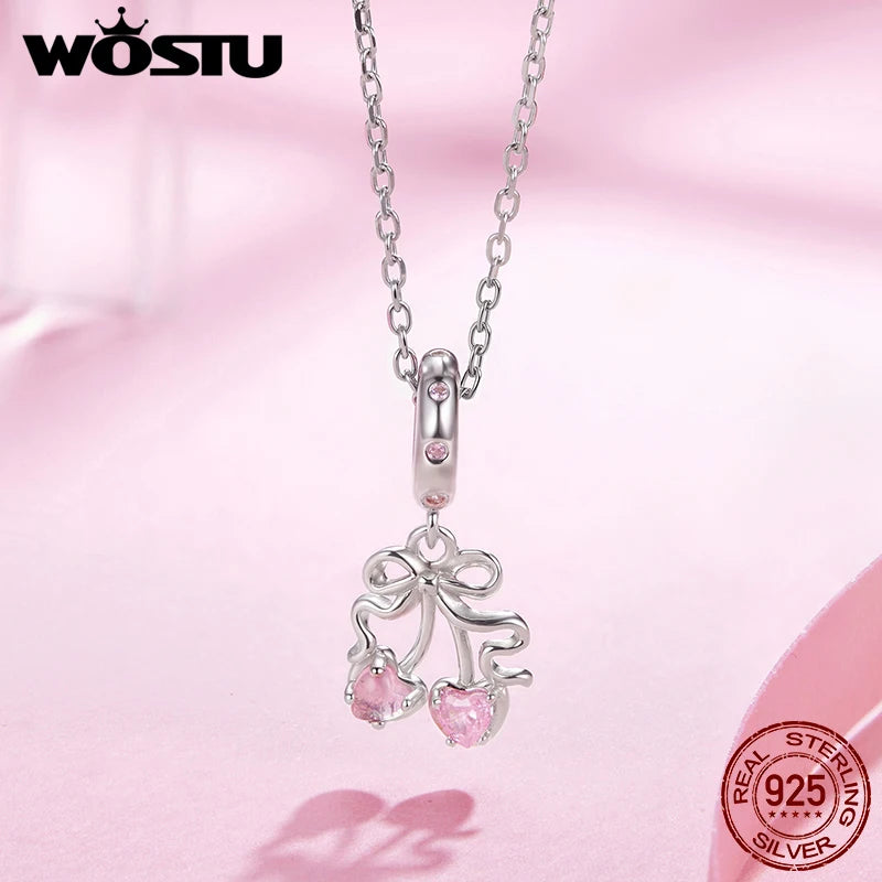 WOSTU 925 Sterling Silver Pink Cherry Pendant Bow White Gold Charm Original Sweet Fit for Women DIY Birthday Daily Fine Jewelry
