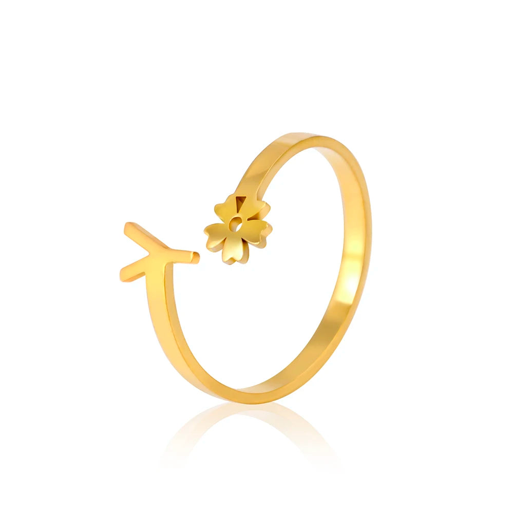 Stainless Steel Flower 26 Alphabet Open Ring for Women A-Z Initial Name Ring 2022 New Fashion Jewelry for Birthday Gift