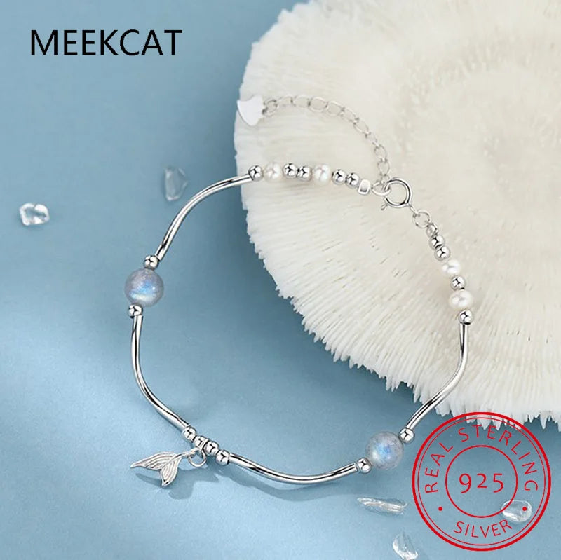 925 Sterling Silver Moonstone Mermaid Tail Bracelet Ins Female Friends Imitation Pearl Bracelet Accessories Wholesale DD-TB04