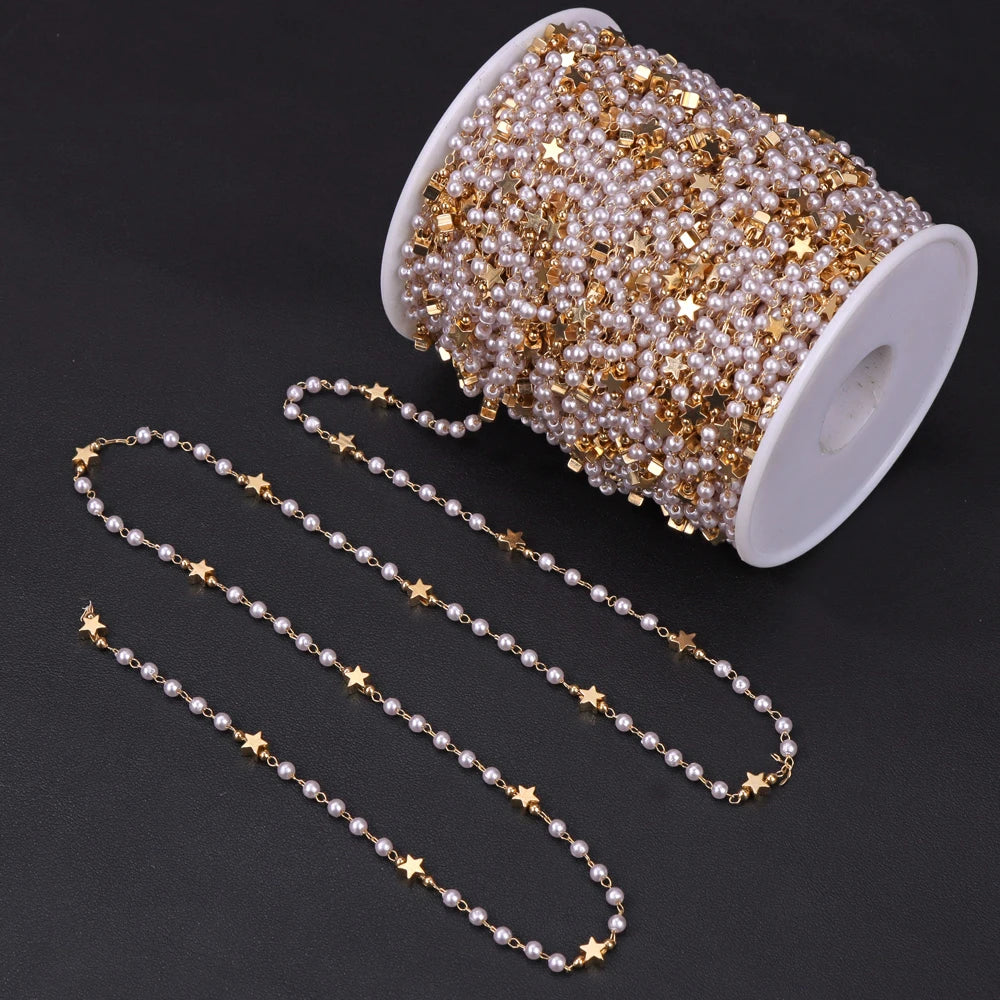 50/100cm Imitation Pearl Beads Handmade Chain Gold Color Adjustable Zinc Alloy Beading Chains For Jewelry Making Crafts Supplies