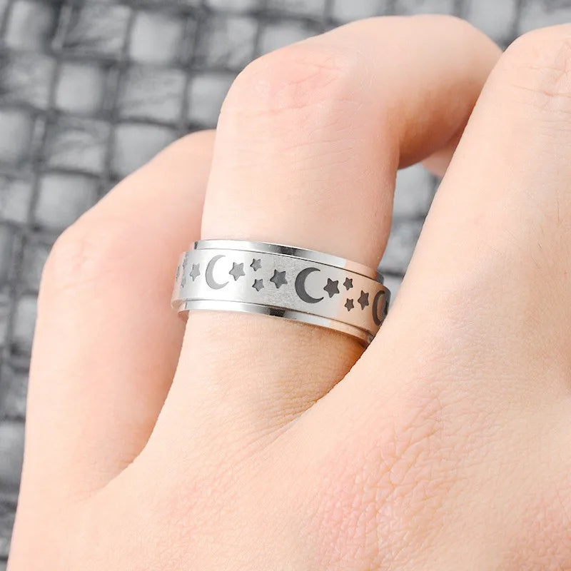 Silver Color Spinning Anxiety Rings for Men Women Star Moon Relaxing Ring 2025 Stainless Steel Anti Stress Rings Knuckle Jewelry