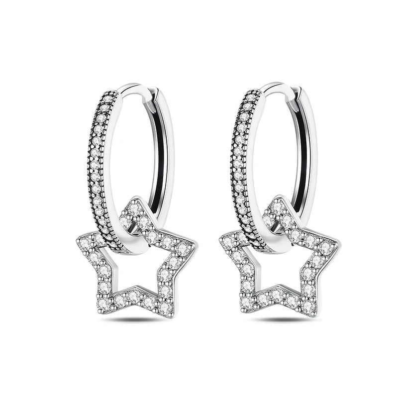 Classic Earrings 925 Silver Zircon Shiny Stars Moon Warm Sun Double Hoop Earrings For Women Original Birthday Party Jewelry Gift