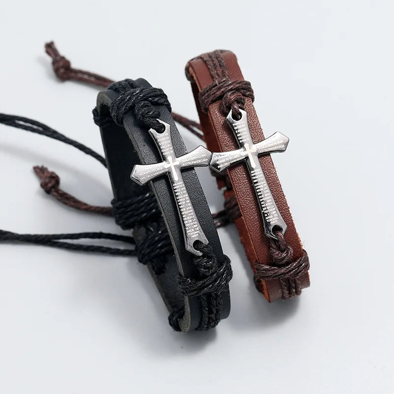Retro Punk Metal Cross Bible Bracelet Hand Woven Cowhide Leather Adjustable Bracelet Christian Accessories Unisex Jewelry Gift