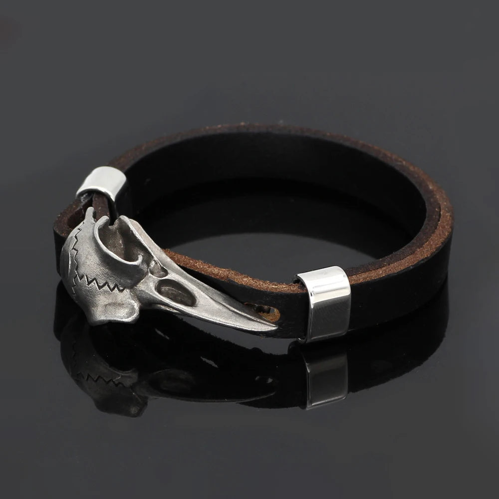 Fashion Vintage Stainless Steel Nordic Odin Crow Skull Bracelet Punk Men Viking Leather Amulet Bracelets Jewelry Gift Wholesale