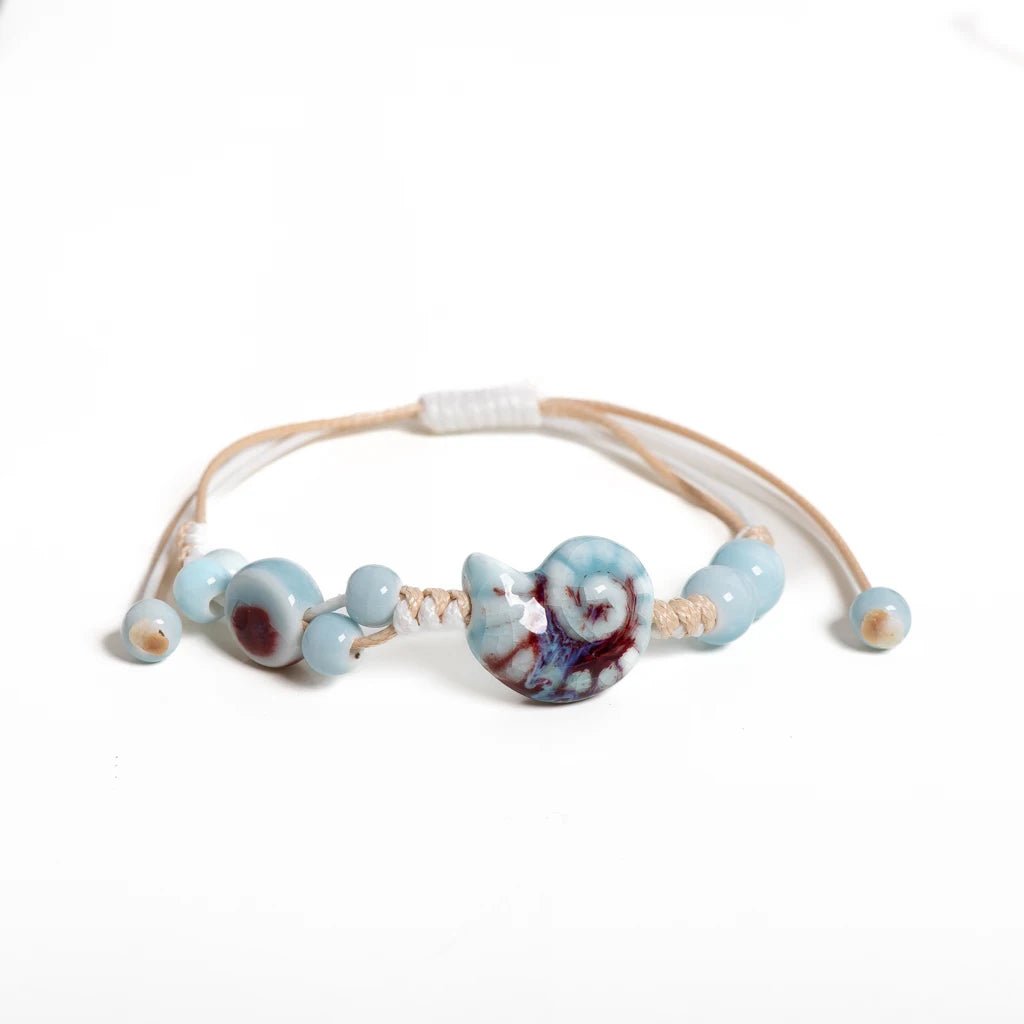 Handmade Blue Snail Shell Ceramic Bracelet Adjustable Handwoven Boho Jewelry for Women & Men - S02-005