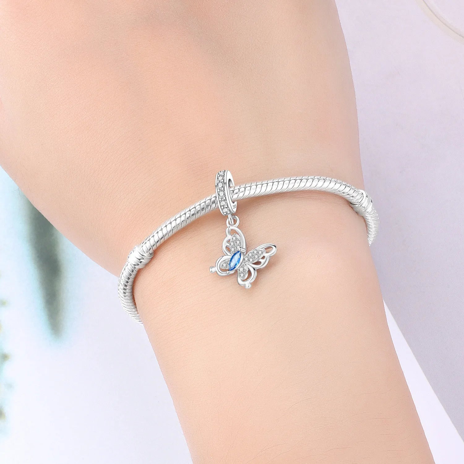 PANPOKI 925 Sterling Silver Rotating Butterfly Insect Beads Original Pendants Bracelet Charm Jewelry Party DIY Trendy Gifts