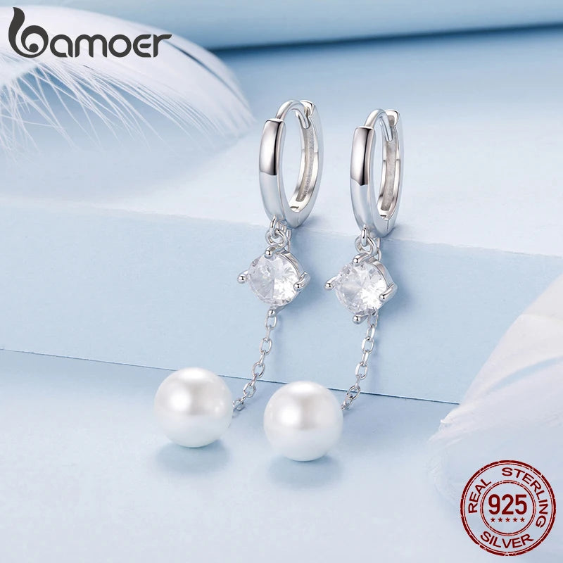 BAMOER 925 Sterling Silber Ohrringe mit gestaffelten Zirkonia-Quasten und runden Perlenohrringen für Damen – Elegantes Weihnachtsgeschenk