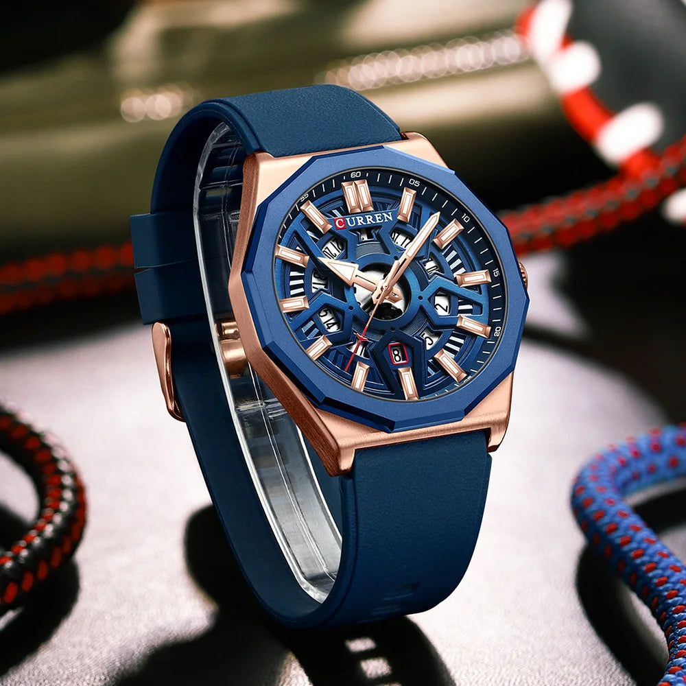 CURREN Fashion Creative Design Watches Men Quartz Silicone Strap Date Wristwatches for Male Clock with Luminous Hands