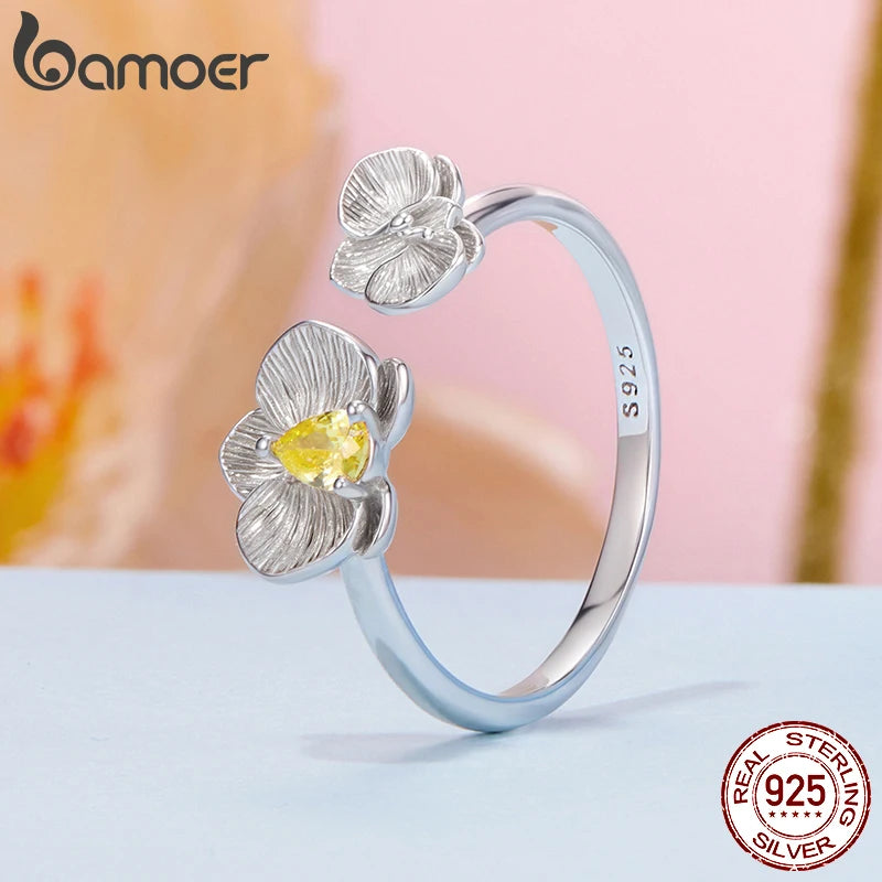 BAMOER 925 Sterling Silber Phalaenopsis offener Ring für Damen, Weißgold plattiert, Glücksblume Schmuck Geschenk Mode Geburtstagsgeschenk