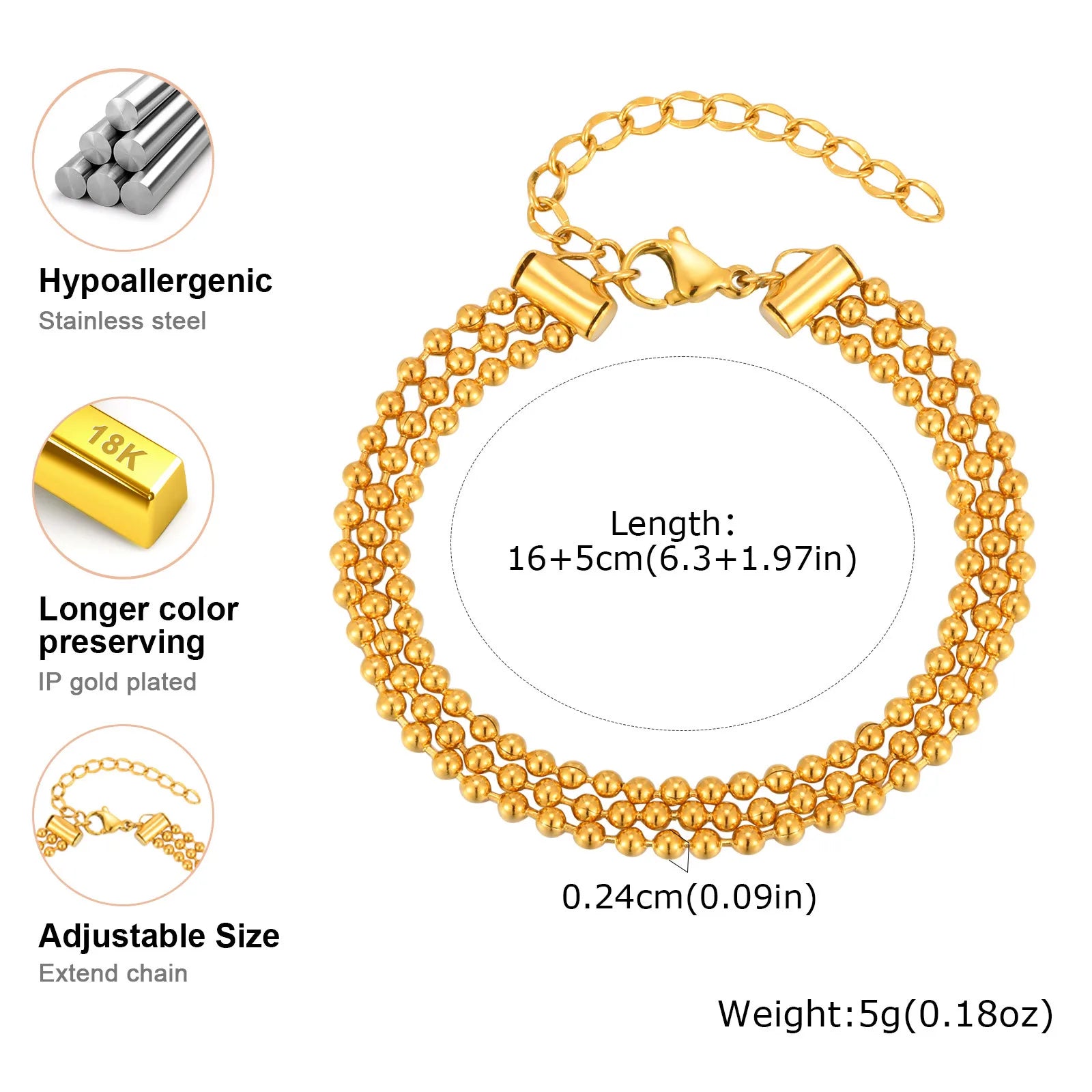 Vnox Multi Layer Beaded  Bracelet For Women,Stainless Steel Waterproof Jewelry,Fashion Gold Plated Adjustable Chain Bracelet