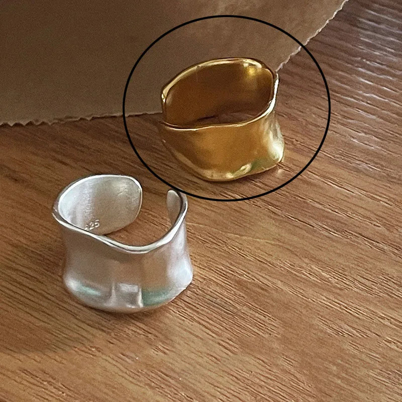 925 Sterling Silver Wide Gold Rings For Women Geometric Fashion Smiple Open Handmade Allergy Party Jewelry Gift