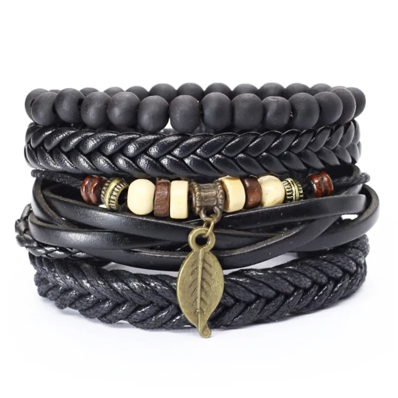 Ensemble de quatre accessoires en alliage Arbre de Vie : bracelet en cuir pour homme, perles en bois et ornement en cuir tissé à la main.