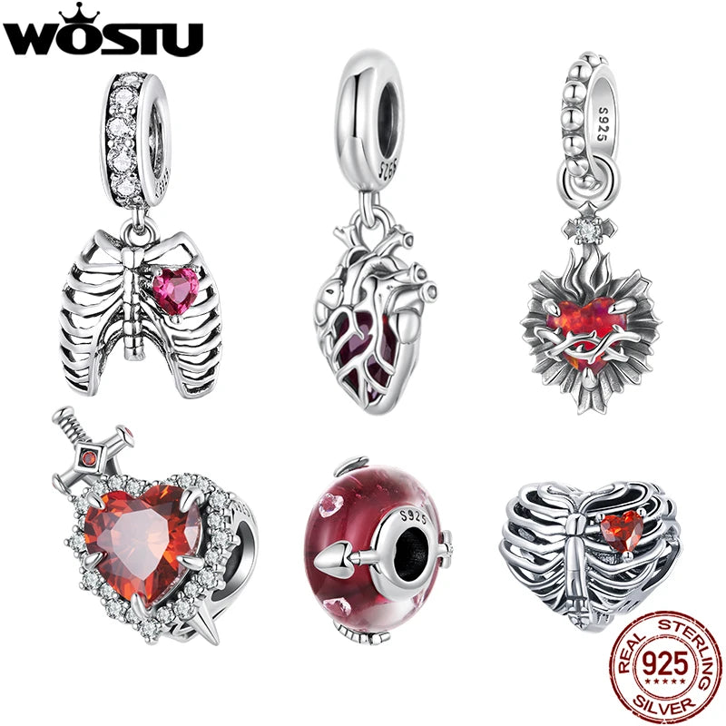 WOSTU 925 Sterling Silver Anatomical Skull Charms Red Heart Pendant Murano Glass Beads for Bracelet Making, DIY Jewelry Findings