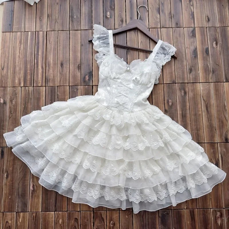 Japanese Kawaii Lolita Jsk Dress Elegant Women Sweet Bow Lace Ruffles Wedding Princess Mini Dresses Girls Gothic Y2k Party Dress