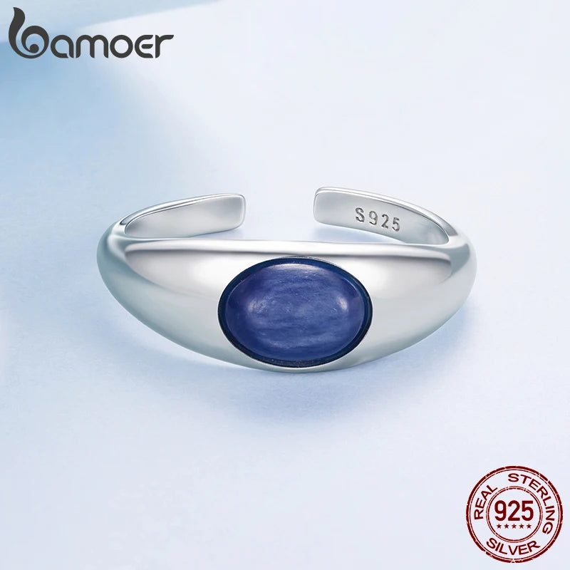 BAMOER 925 Sterling Silver Blue Kyanite Open Ring Chunky Statement Ring for Women Girl Lapis Lazuli Jewelry Minimalist Gift
