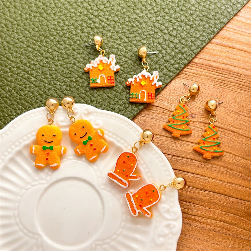 Christmas Gingerbread Man Resin Earrings for Women Biscuits House Xmas Tree Gloves Pendant Earring Girls New Year Jewelry Gift
