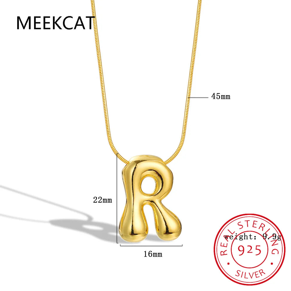 Collares 925 Sterling Silver Chunky Alphabet Balloon Bubble Initial Letter Pendant Necklace for Women Men Charm Necklaces