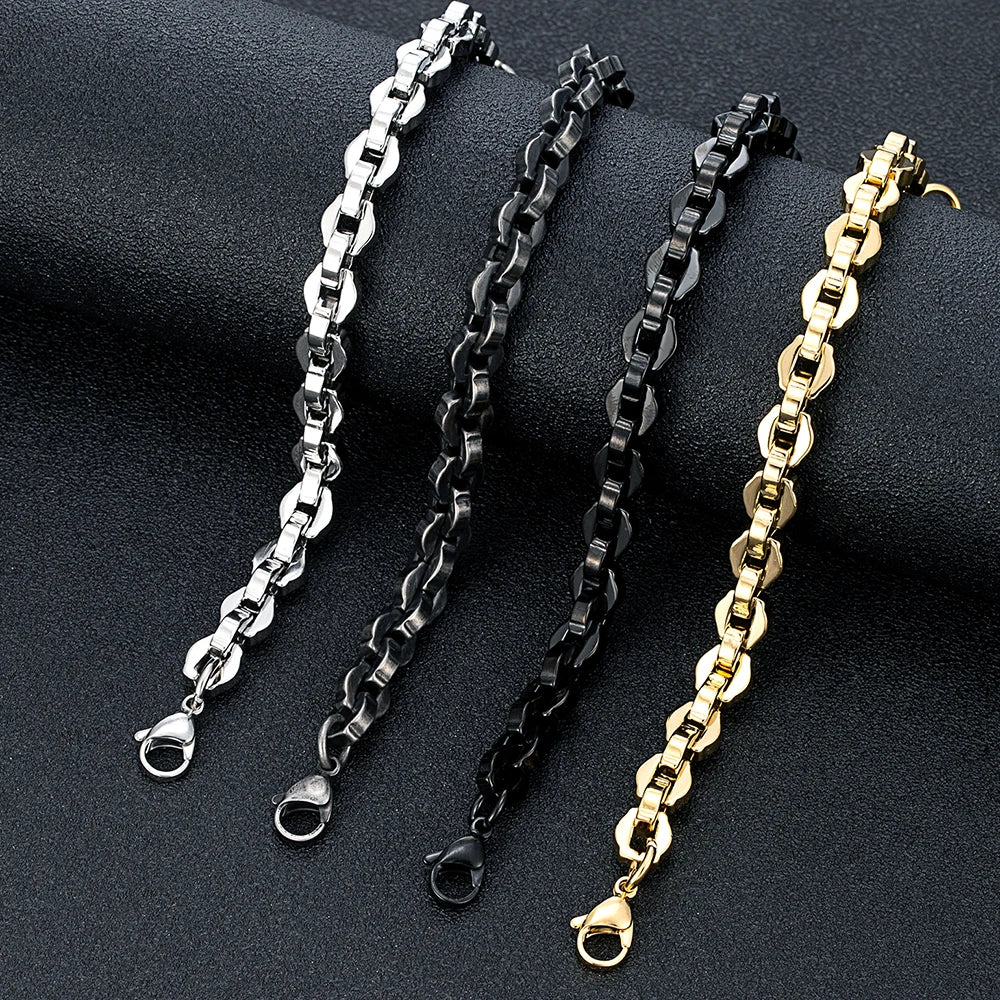 MKENDN 8.5MM Width Locomotive Vintage Oxidized Black Geometry Chain Link Men Bracelet Punk Stainless Steel Motorcycle Jewelry