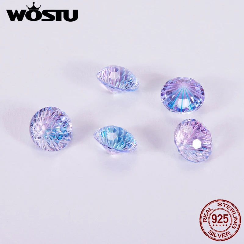 WOSTU 925 Silver Firework Zircon Stud Earrings For Women, Rainbow Purple Classical Round Ear Studs Wedding Gift Xmas Jewelry