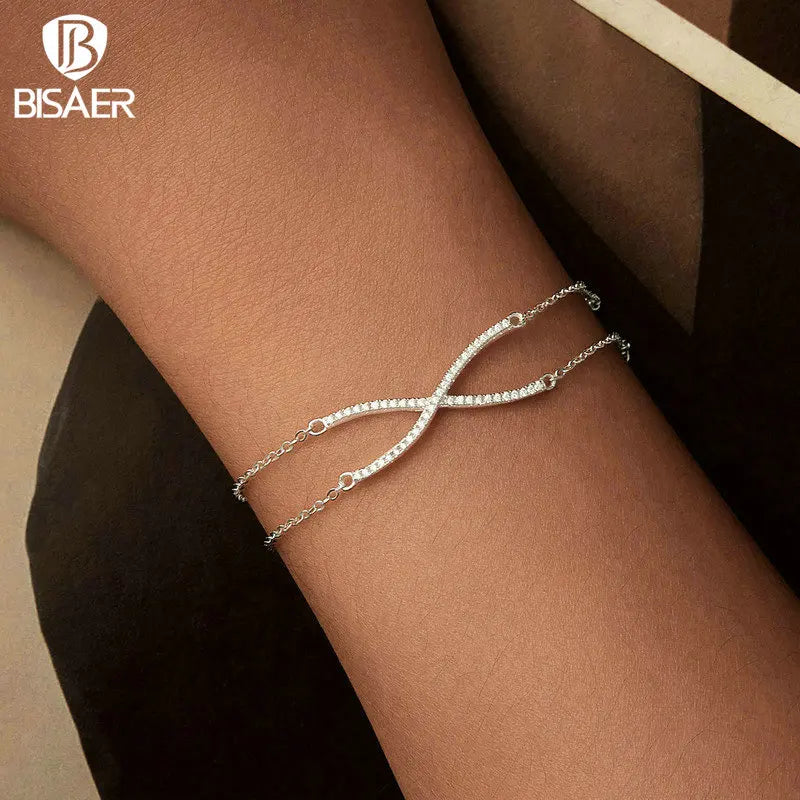 BISAER Bracelet en argent sterling 925 avec croix en X réglable à double couche plaqué or blanc pour femme, bijoux fins de fête, cadeau