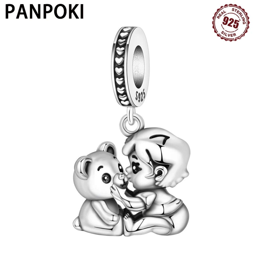 PANPOKI 925 Sterling Silver Boy And Cute Bear Pendant Charms Beads Fit Bracelets DIY Party Trendy Gifts Jewelry Accessory