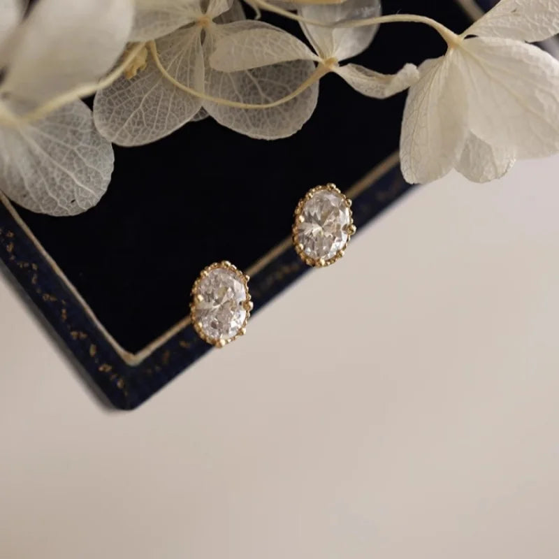 925 Sterling Silver Plated 14K Gold Retro Oval Zircon Earrings for Women French Temperament Jewelry Accessories
