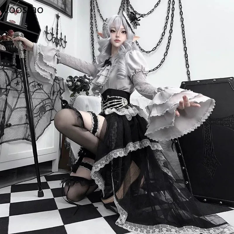 Victorian Vintage Gothic Lolita Dress Set Women Punk Y2k Long Sleeve Shirt Lace Ruffle Black Skirt Halloween Cosplay Party Dress